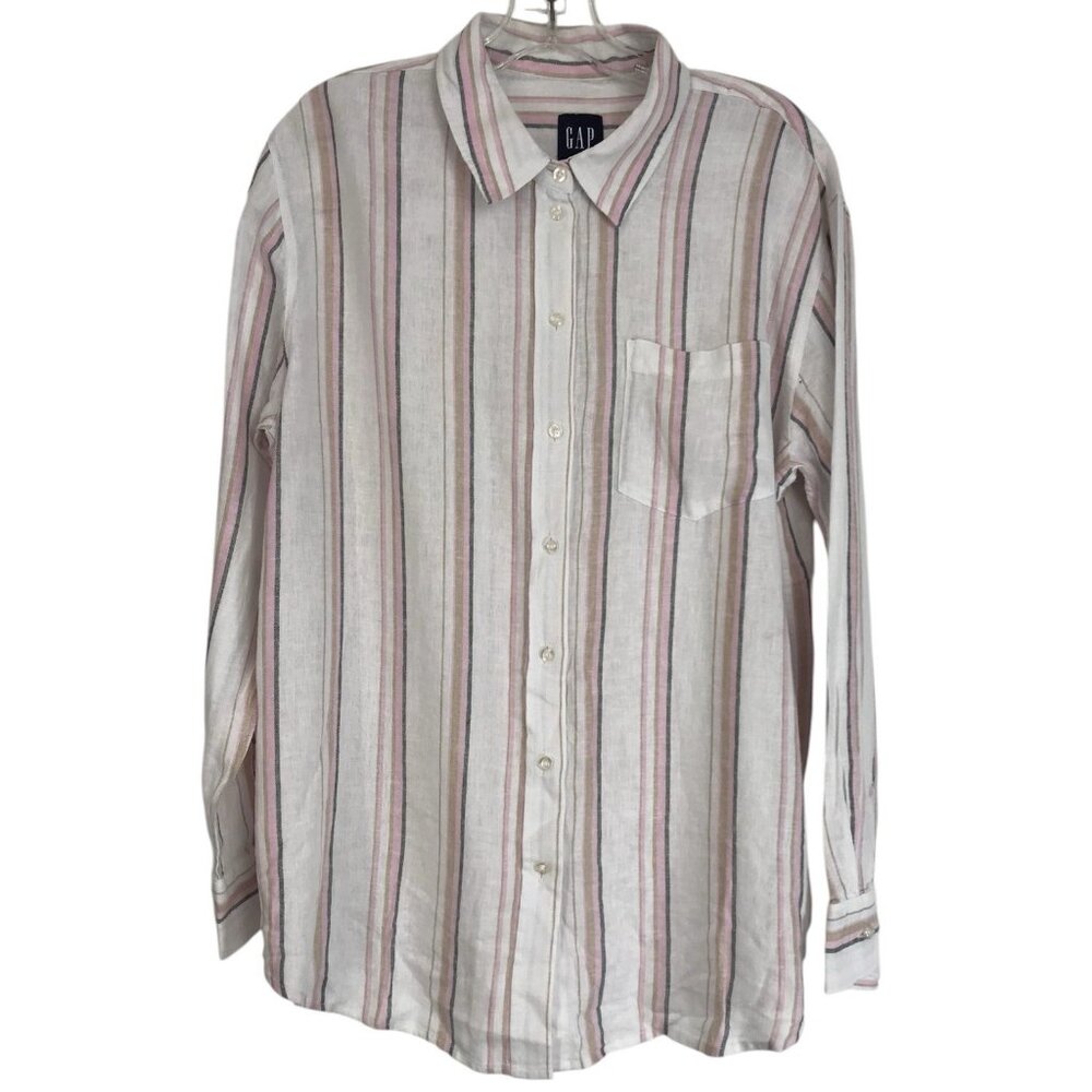 GAP Shirt Blouse Womens Size Medium Linen Striped Button Down Striped White Pink